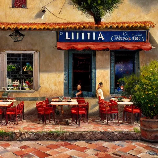 Image similar to a traditional pizzeria in the street of a small village on the riviera. a terrace in the shade of a hundred - year - old olive tree, a friendly atmosphere around pizzas and rose wine. dolce vita. unreal engine rendering, hyper realist, ultra detailed, oil painting, warm colors, happy, impressionism, da vinci, 4 k,