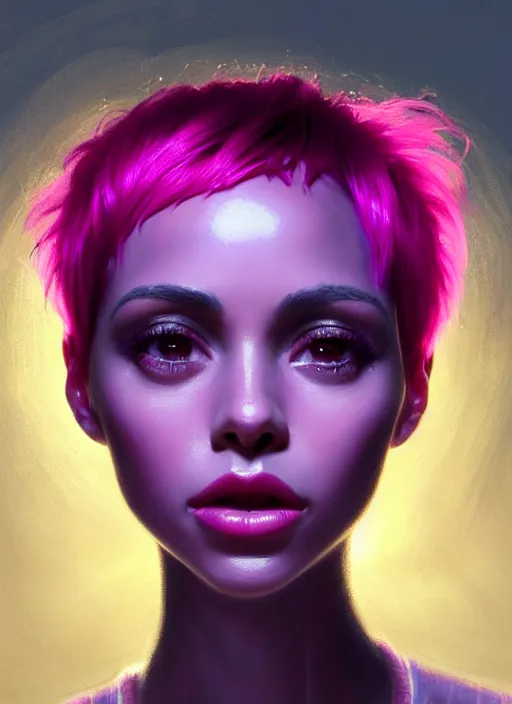 Image similar to portrait of vanessa morgan with bright pink hair, curly pixie cut hair, wearing a purple breton cap, breton cap, hoop earrings, intricate, elegant, glowing lights, highly detailed, digital painting, artstation, concept art, smooth, sharp focus, illustration, art by wlop, mars ravelo and greg rutkowski