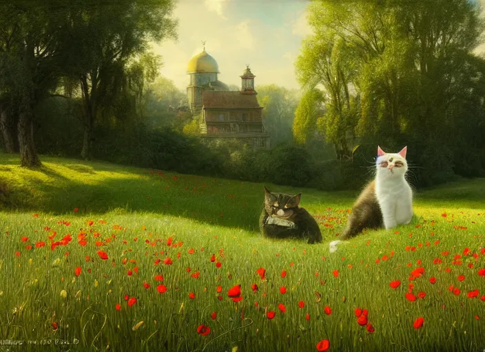 Image similar to the cat in the meadow from flowers : dandelions, poppy, tulip, chamomile, hyperrealism, no blur, 4 k resolution, ultra detailed, style of ivan shishkin, tyler edlin, tom bagshaw, arthur rackham,