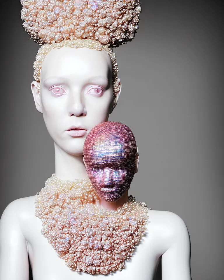 Prompt: portrait of a ethereal byzantine goddess wearing a big pearl studded iridescent beauty mask and pink hair buns, wearing a black bodysuit by alexander mcqueen, cream white background, soft diffused light, biotechnology, humanoid robot, perfectly symmetric, bjork aesthetic, translucent, by rineke dijkstra, intricate details, highly detailed, masterpiece,