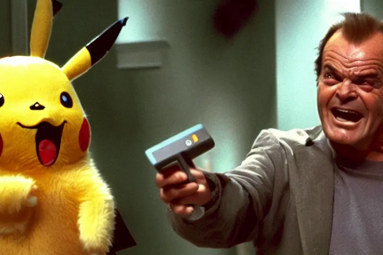 Image similar to Jack Nicholson plays Pikachu Terminator, action scene where he shoots from his gameboy