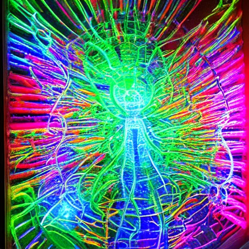 Prompt: a painting of luminescent translucent cast glass 3d xray abstract supernova a luminescent translucent cast glass 3d sculpture of a tunnel made of a net of neon tubes filled with glowing light trails and lightsabers inside! Uv blacklight, 8k, 4k, brush strokes, painting, highly detailed, iridescent texture, brushed metal