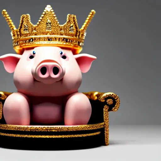 Image similar to pig wearing a gold crown sitting on a kings throne eating a pork rind 8k resolution, award winning, realistic, cinematic concept art