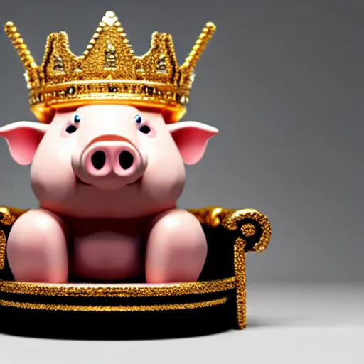 Prompt: pig wearing a gold crown sitting on a kings throne eating a pork rind 8k resolution, award winning, realistic, cinematic concept art