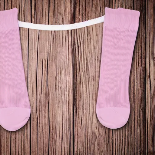 Image similar to clear highly detailed photorealistic topdown mockup product photograph of pink and white striped thigh high socks on a wooden background