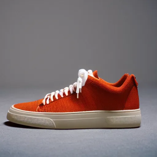 Prompt: a studio photoshoot of Nike low top sneakers designed by Tom Sachs, leather with knitted mesh material, gum rubber outsole, realistic, color film photography by Tlyer Mitchell, 35 mm, graflex