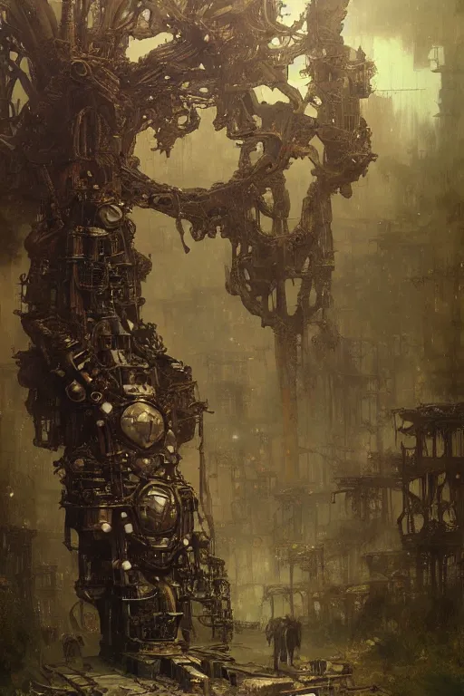 Image similar to dieselpunk tree made from engines, painted by ruan jia, raymond swanland, lawrence alma tadema, zdzislaw beksinski, norman rockwell, jack kirby, tom lovell, alex malveda, greg staples