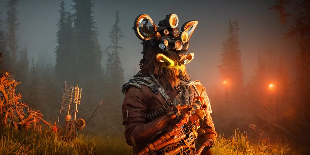 Prompt: woodsman wearing a steampunk and neonpunk mechanical fluorescent mystical animal mask in strange misty mountain landscape. fight with night monsters, night, realism in style of fornite game, 4 k, octane render, award winning photograph, epic cinematic shot, perfectly defined features, ambient occlusion