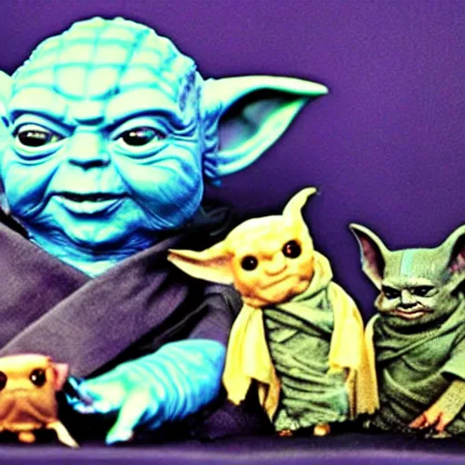 Image similar to blue Yoda surrounded by other members of his species of various colors