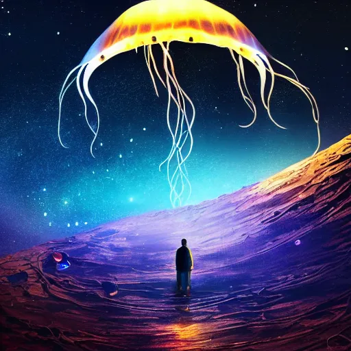 Prompt: over the shoulder photo of a man watching magic glowing jellyfish in glowing cosmic stardust, colorful stars, galaxies, space, award winning photo, intricate, high detail, atmospheric, desolate, artstation