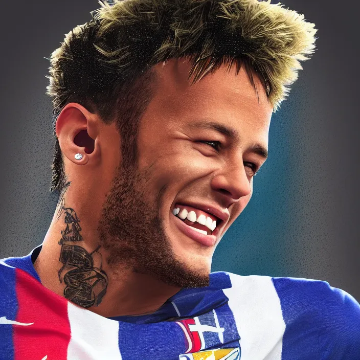 Prompt: photo of Neymar Jr smile , hyper realism, high detail, octane render, 8k, chrome accents