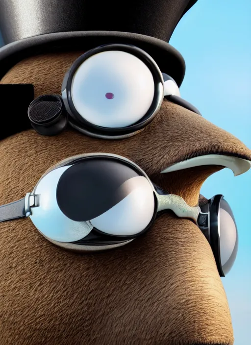 Image similar to closeup portrait of an anthropomorphic penguin wearing goggles and a top hat, depth of field, zeiss lens, detailed, symmetrical, centered, fashion photoshoot, by Annie Leibovitz and Steve McCurry, David Lazar, Jimmy Nelsson, Breathtaking, 8k resolution, extremely detailed, beautiful, establishing shot, artistic, hyperrealistic, beautiful face, octane render