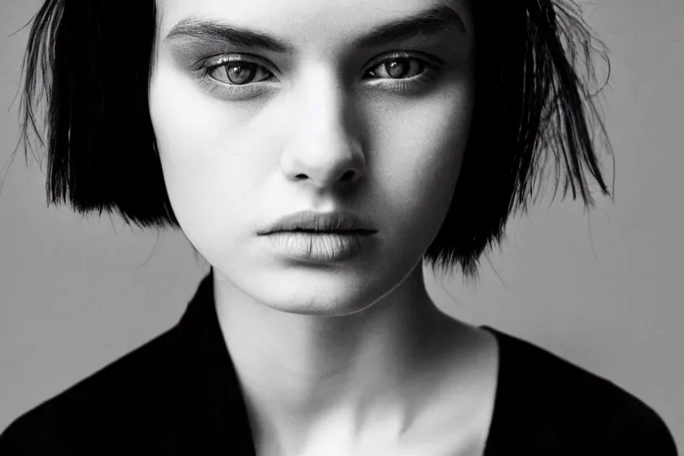Image similar to black and white portrait photo of beautiful young female model with black hair pinned up, symmetric face, symmetric eyes, slight smile, natural light, low contrast, photo by Peter Lindbergh, 8K