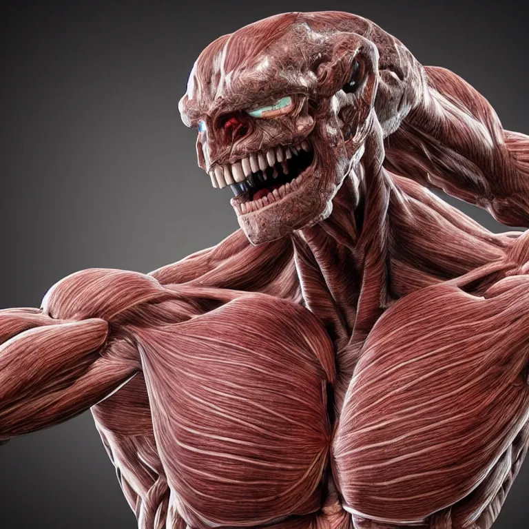 Prompt: monster with gleaming eyes, anatomically accurate model of the full human muscular system, full body, intricate parts, fine details, hyper - realistic