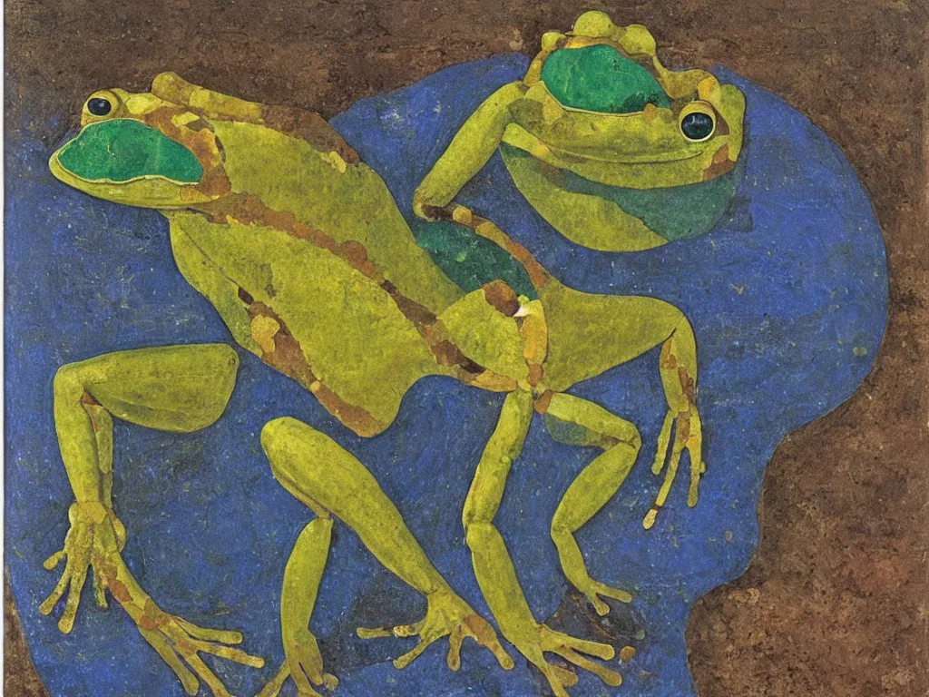 Image similar to portrait of a muscular frog. lapis lazuli, malachite, turqouise, gold. painting by piero della francesca, balthus, agnes pelton