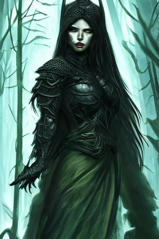 Image similar to dramatic dark forest scenery, girl with sharp fangs in hide leather armor, high fantasy concept art, poster