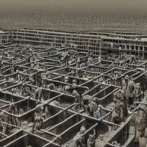 Image similar to a dystopian earth when humans are ruled by a large pointing finger and there are rows of people in shackles going to office jobs