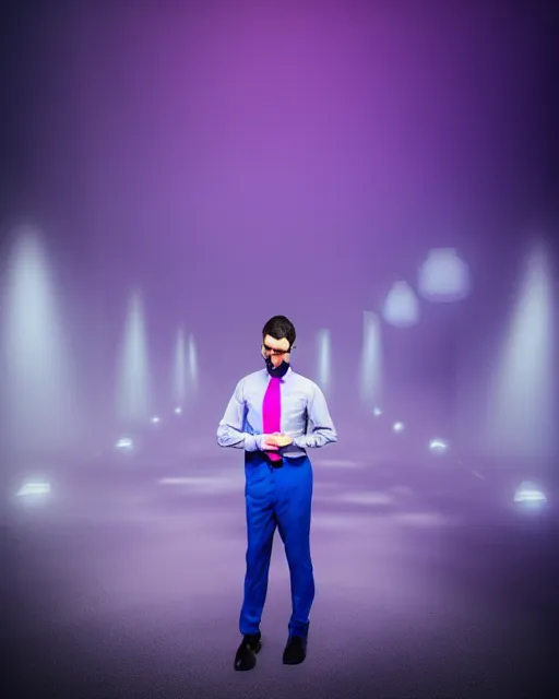 Prompt: man in blue suit with pink tie and purple shirt pondering, hyper realism, cinematic, volumetric lighting, intricate complexity, extremely detailed,