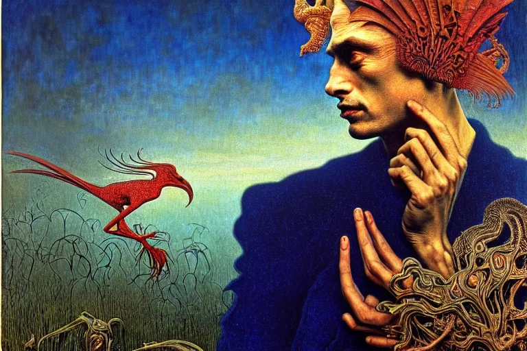 Image similar to realistic detailed portrait painting of a man with head of a bird, nightly graveyard landscape background by Max Ernst, Jean Delville, Amano, Yves Tanguy, Alphonse Mucha, Ernst Haeckel, Edward Robert Hughes, Roger Dean, masterpiece, cinematic composition, dramatic pose, 4k details, rich moody colours, blue eyes