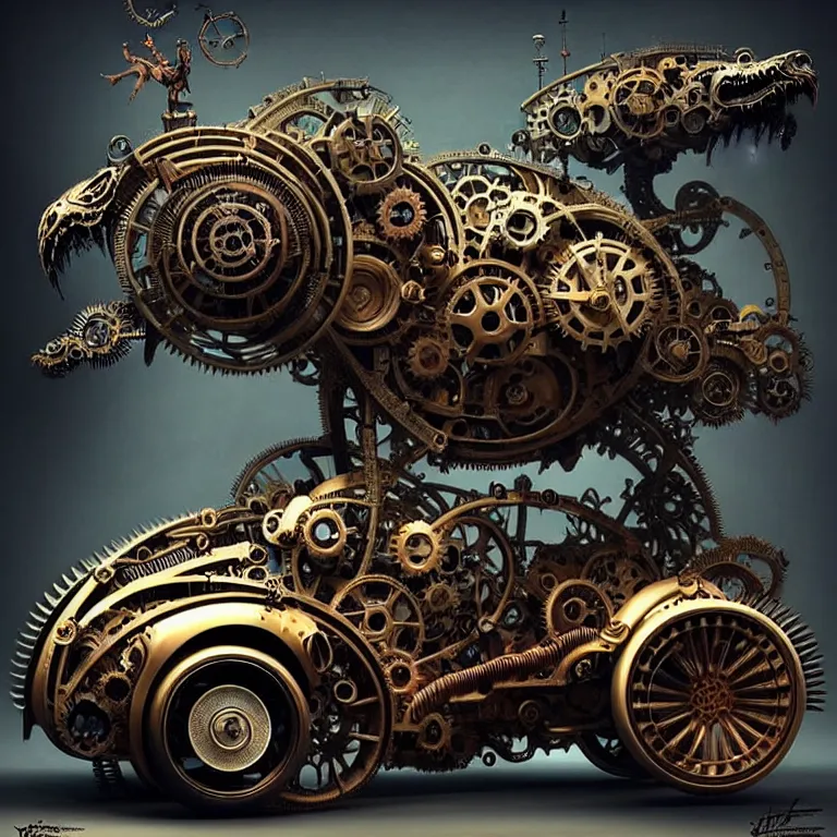 Image similar to biomechanical steampunk vehicle reminiscent of fast sportscar with robotic parts and (glowing) lights parked in ancient lush palace, gothic and baroque, brutalist architecture, ultradetailed, creepy ambiance, fog, artgerm, giger, Intricate by Ellen Jewett and Josan Gonzalez and Giuseppe Arcimboldo