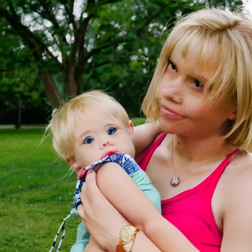 Prompt: photograph of a blonde woman holding asian - white mixed race baby in a park