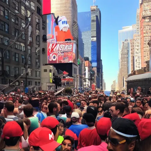 Prompt: supermario in NYC streets and crowded by people who waits for his autograph