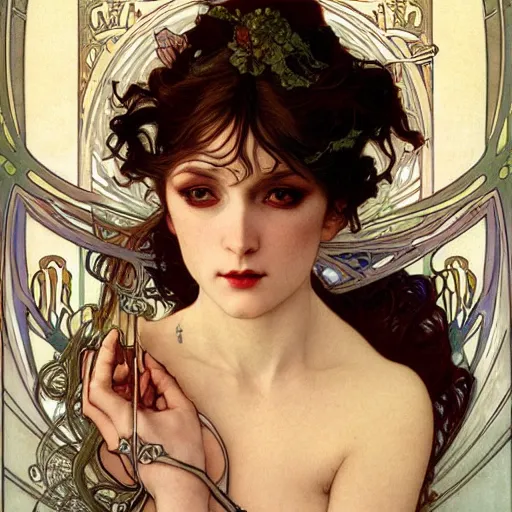 Prompt: realistic detailed face portrait of a Mysterious Enigmatic Vampire Bride by Alphonse Mucha, Ayami Kojima, Amano, Charlie Bowater, Karol Bak, Greg Hildebrandt, Jean Delville, and Mark Brooks, Art Nouveau, Neo-Gothic, gothic, rich deep colors