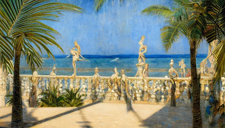 Image similar to a ultradetailed beautiful painting of the amazonas palace balustrade designed by jules bastien - lepage, tarsila do amaral, frank weston and gustave baumann, beach, trending on artstation, mediterranean, palm trees, sharp focus, colorful refracted sparkles and lines, soft light, 8 k 4 k