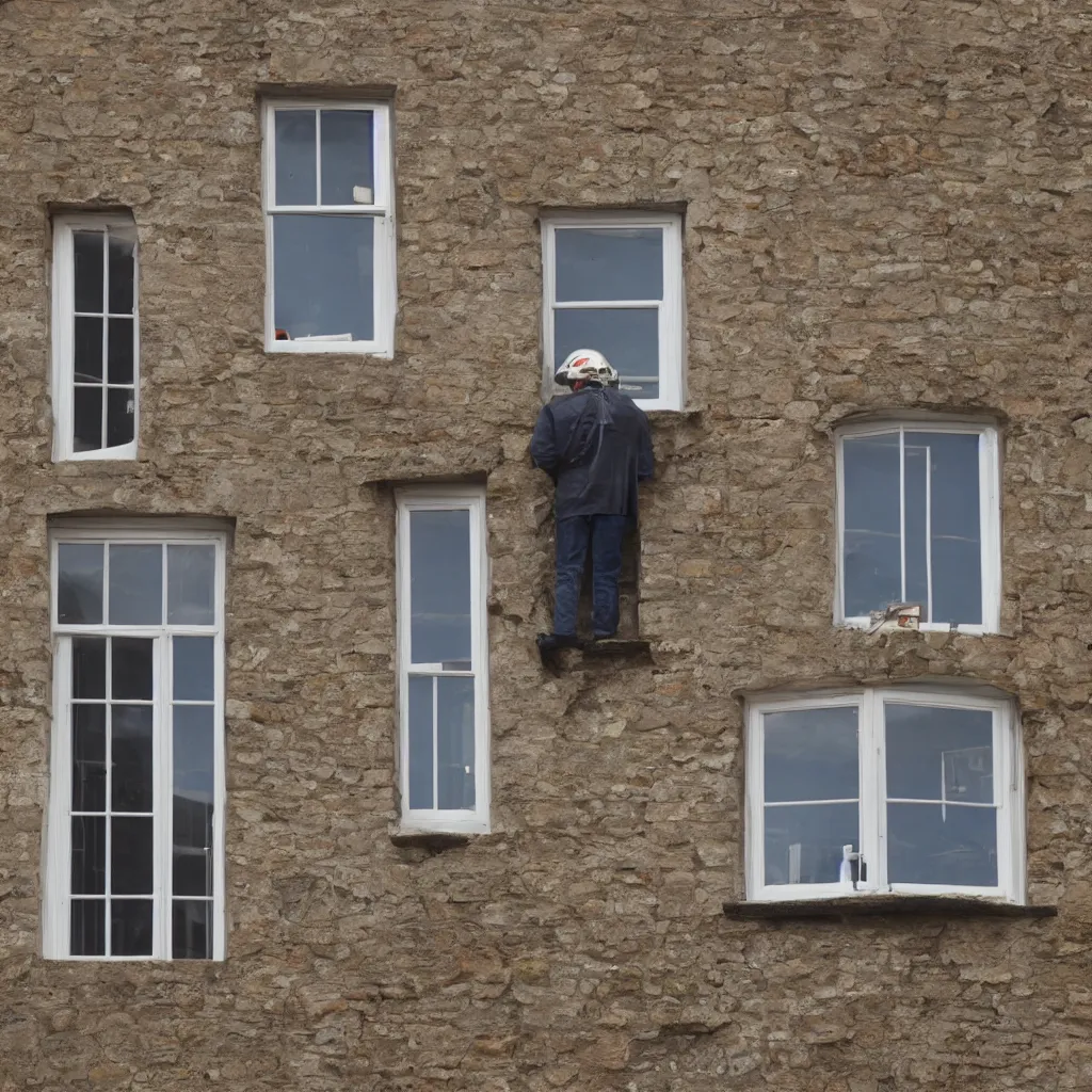 Image similar to single triangular or round sash window on a british wall, surprised and perplexed builders standing in front of it