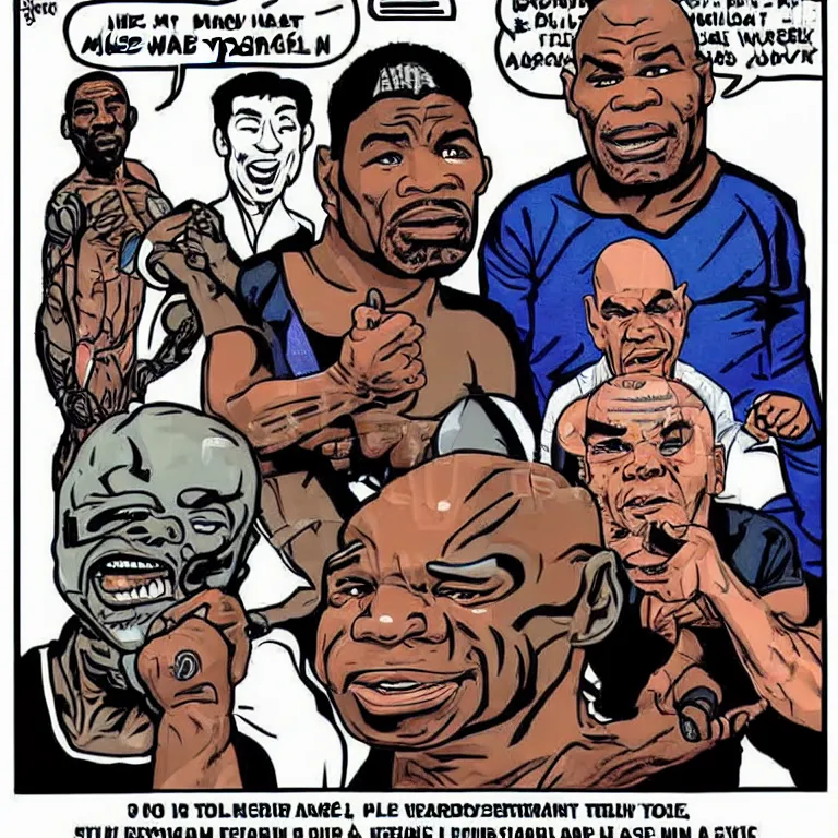Prompt: Joe Rogan, Mike Tyson and an Alien in the style of a newspaper cartoon.