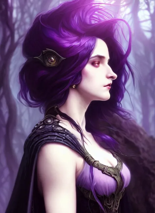 Prompt: side portrait dark witch, adventurer outfit large cloak, fantasy forest landscape, dragon scales, fantasy magic, undercut hairstyle, short purple black fade hair, dark light night, intricate, elegant, sharp focus, illustration, highly detailed, digital painting, concept art, matte, art by WLOP and Artgerm and Greg Rutkowski and Alphonse Mucha, masterpiece
