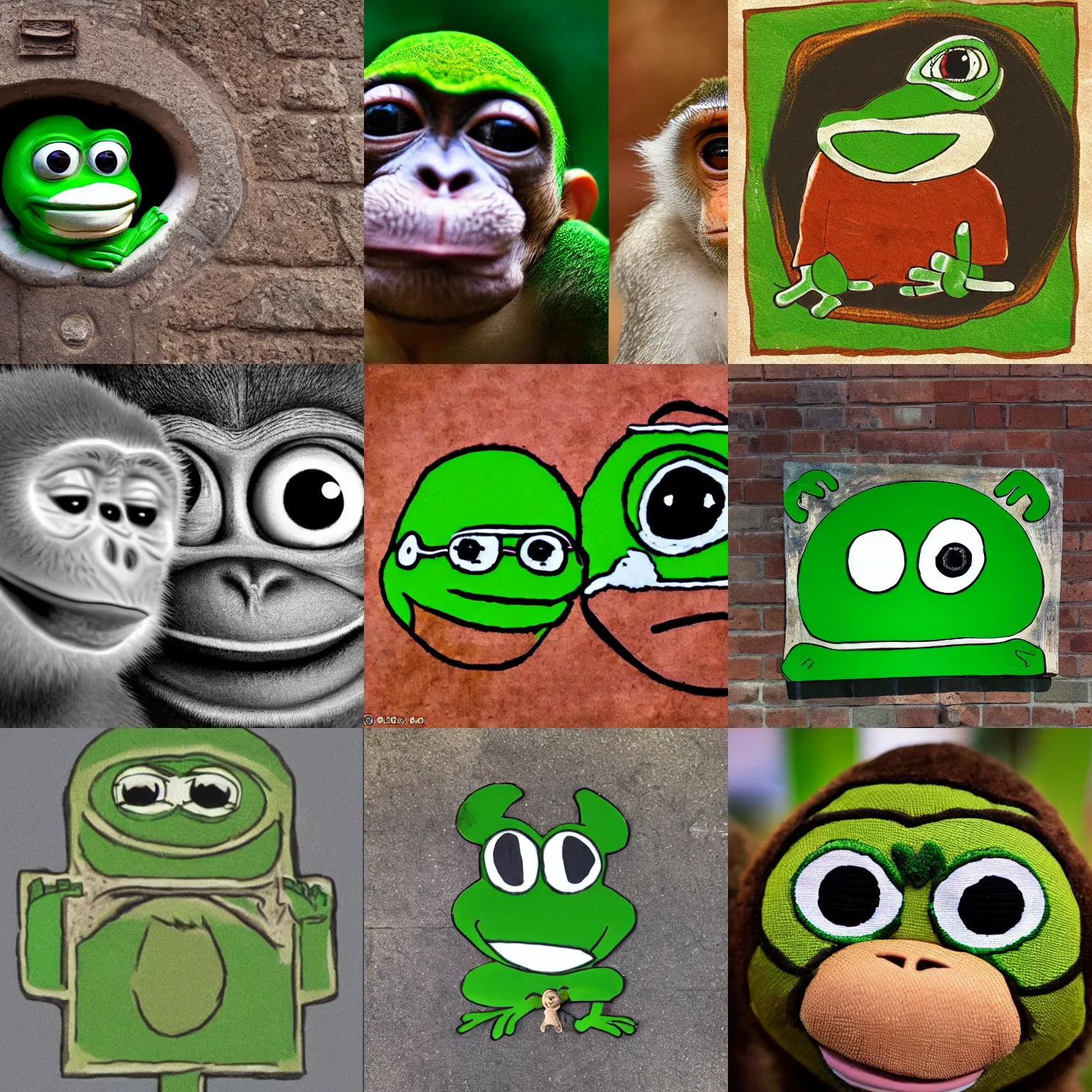 Prompt: photo of a cross of pepe the frog and a monkey