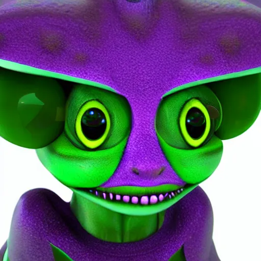 Prompt: cute furry purple and green alien with multiple big eyes photo realistic detailed 3d render