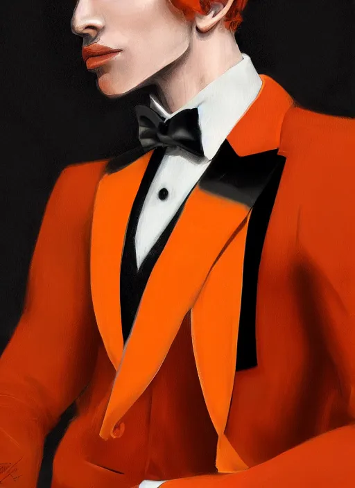 Image similar to illustration of a short curly orange hair man with tuxedo as a portrait, smooth, reflects, masterpiece artwork, ultra detailed, artgerm, style by pixar, digital art, trending on artstation, behance, deviantart