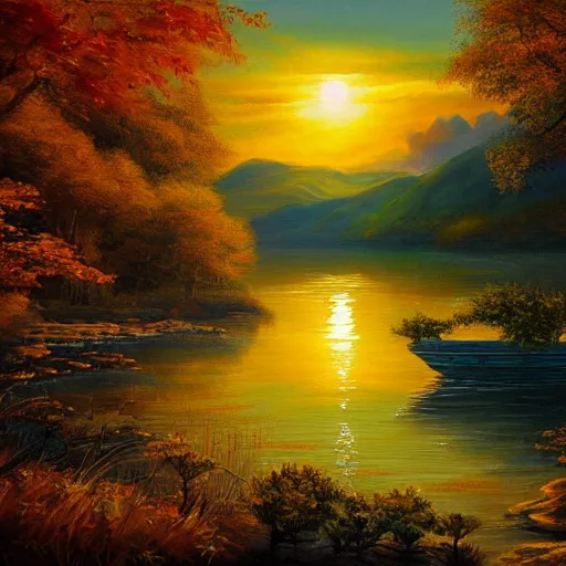 Image similar to High quality fantasylike painting of sun setting over the lake in autumn surrounded by nature