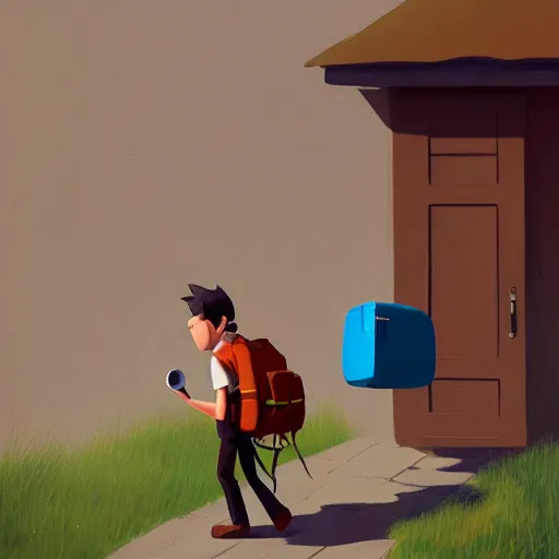 Image similar to goro fujita ilustration hiker taking suitcases out of his house, painting by goro fujita, sharp focus, highly detailed, artstation