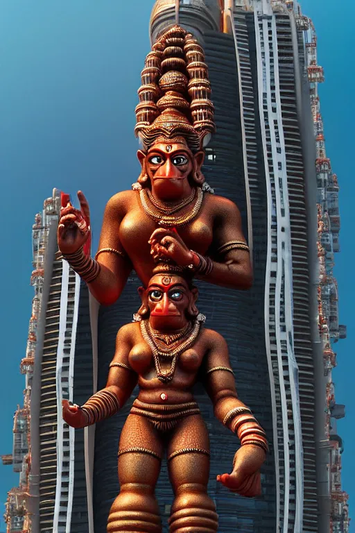 Image similar to high quality 3 d cyberpunk biomorphic hanuman! head building in the middle of mumbai!!, highly detailed, cinematic smooth, stephen shore & john j. park, soft morning light, wide shot, high angle, uhd 8 k, sharp focus