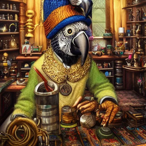 Image similar to A Anthropomorphized parrot trader in his shop, selling his wares, portrait, items, gold, carpet, window, sly expression, cunning expression, presenting wares, holding a gold bag, D&D, fantasy, intricate, cinematic lighting, highly detailed, digital painting, trending on artstation, concept art, smooth, sharp focus, illustration, warm light, cozy warm tint, magic the gathering artwork, volumetric lighting, 8k, art by Akihiko Yoshida, Greg Rutkowski