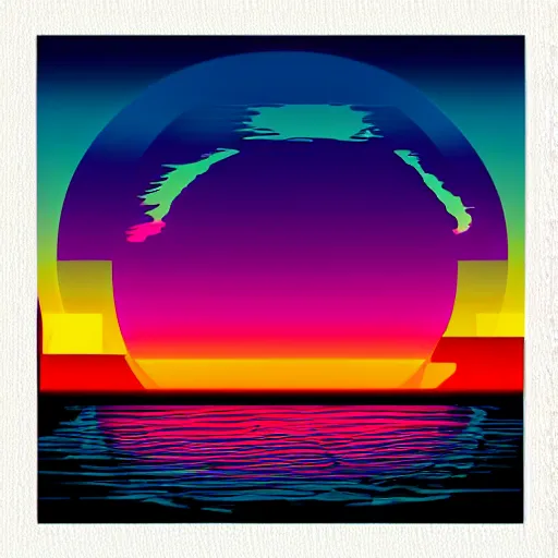 Image similar to A synthwave style sunset above the reflecting water of the sea, concept art