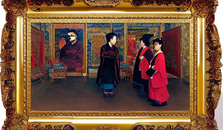 Image similar to Nardwuar speaking to the Empress Dowager Cixi, low angle, oil painting, wide shot, by Juan Luna, dramatic