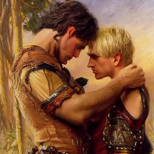 Image similar to attractive male, arthur pendragon who has blond hair confesses his love to attractive male, merlin who has dark hair. highly detailed painting by gaston bussiere, craig mullins, j. c. leyendecker 8 k