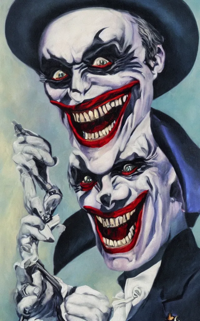 Image similar to portrait of conrad veidt the man who laughs joker grin, award winning oil painting, sharp color palette