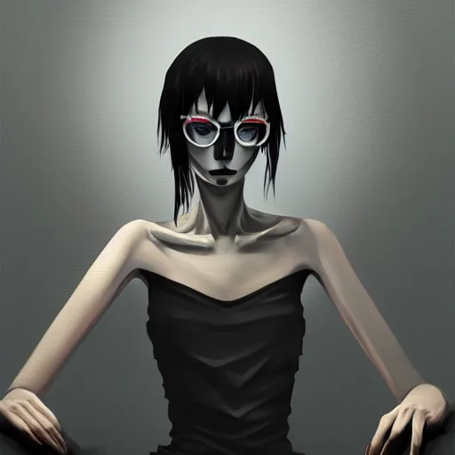 Prompt: skinny goth computer geek sitting in a dark room in front of a computer screen, highly detailed, digital painting, artstation, concept art, soft light, sharp focus, illustration