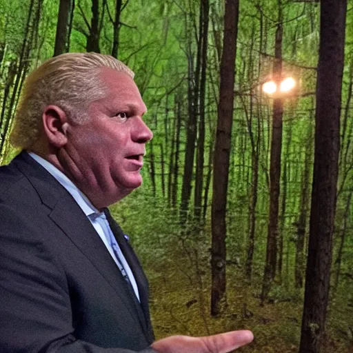 Image similar to game camera footage of Doug Ford premier of Ontario wadering through the woods at night