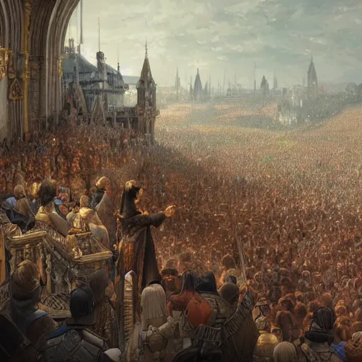 Image similar to A crowd of people listening to their new king make a speech from a balcony, fantasy, medieval, highly detailed, Artstation, painting by greg rutkowski