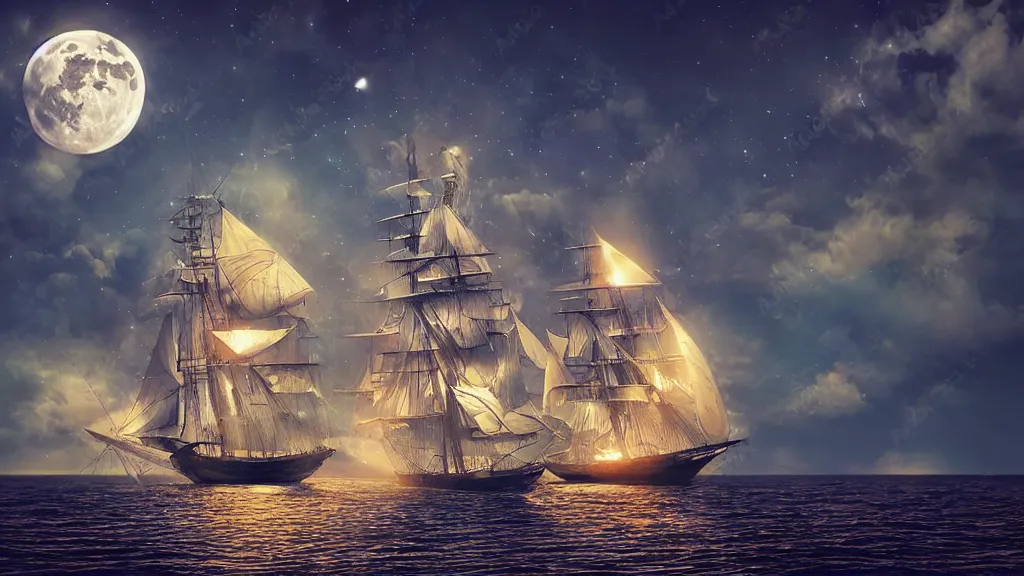 Prompt: beautiful sailing ship in the moon light with backlight beautiful dreamscape digital _ art concept art detailed lovely colors art _ stat
