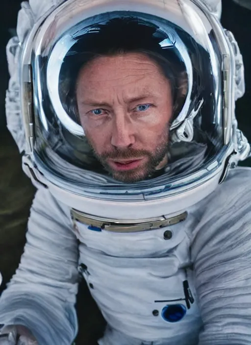 Image similar to calm thom yorke singer songwriter frontman, in spacesuit filling up with water, ultrafine detail, hyper realistic face, beautiful blue eyes, black spherical pupils, eyes reflecting into eyes reflecting into infinity, eyes reflecting into eyes reflecting into infinity