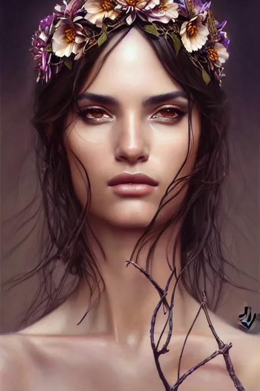 Prompt: portrait of a Brazilan Supermodel wearing a floral crown, olive skin, long dark hair, beautiful bone structure, art deco, fantasy, intricate flower designs, elegant, highly detailed, sharp focus, art by Artgerm and Greg Rutkowski and WLOP