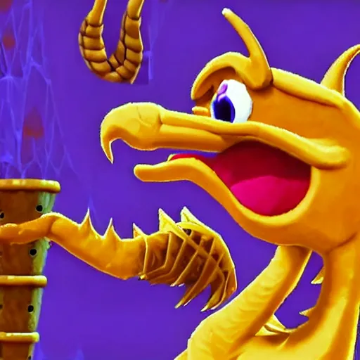 Image similar to screenshot of a humanoid anthropomorphic griffin bard with a feather in its cap as an enemy in spyro the dragon video game, with playstation 1 graphics, activision blizzard, upscaled to high resolution