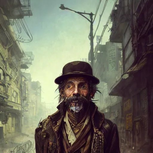 Image similar to A steampunk very detailed homeless person with highly detailed face on the street of a very highly detailed steampunk city art by Greg Rutkowski, neofuturistic highly detailed, digital concept art, Dimensional cyan gold natural light, sharp focus, Golden Ratio illustration, realistic concept art by Stephen Hickman and James Gurney and Hiromasa Ogura Ghost in the Shell rendered in Octane Render